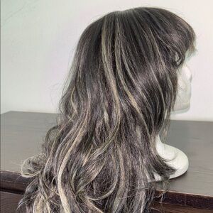 Elegant Black/Blonde highlights Wig with Bangs